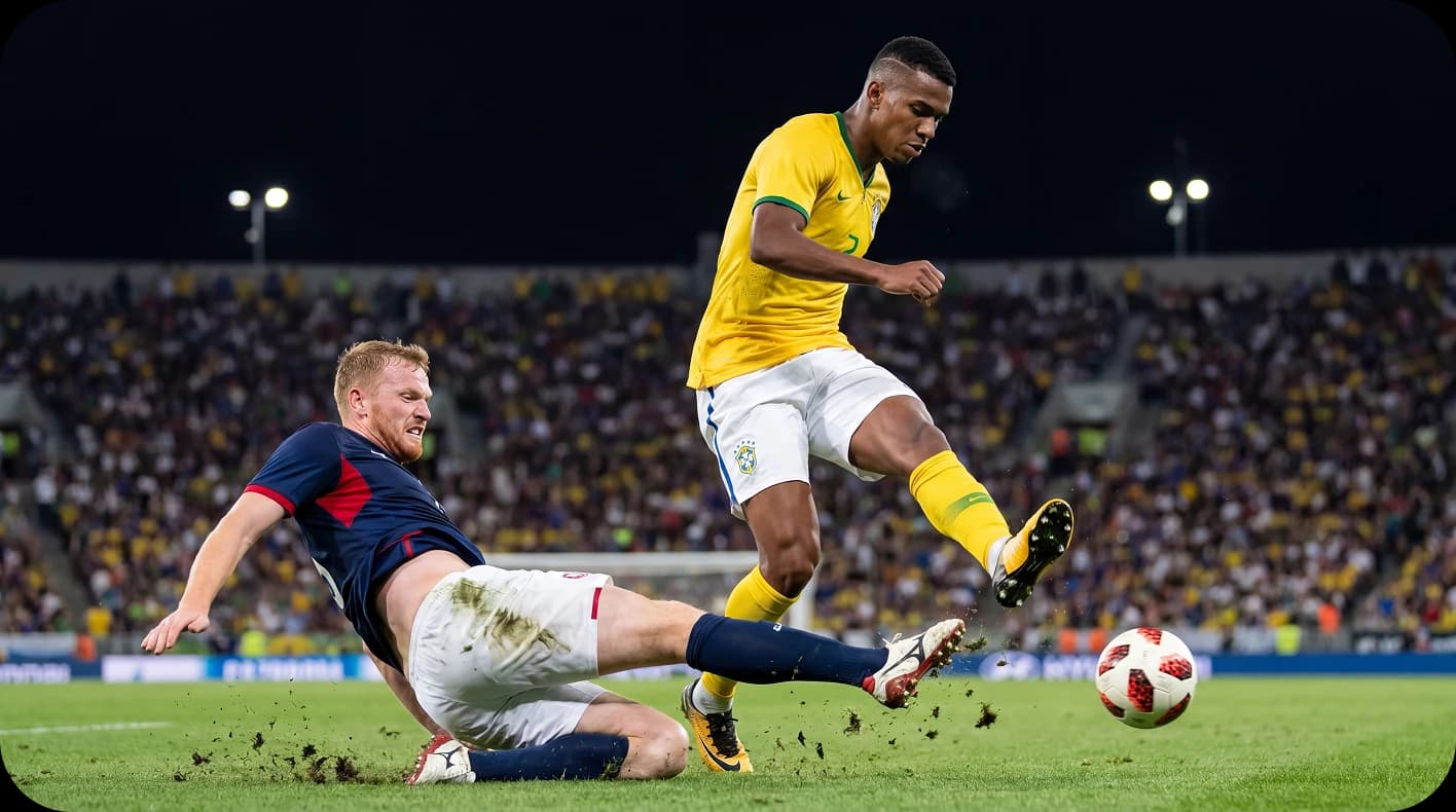 Footballers competing in a floodlit stadium match — the live-match intensity BOYLE Sports' Story Bar is built to capture for the 2026 World Cup.