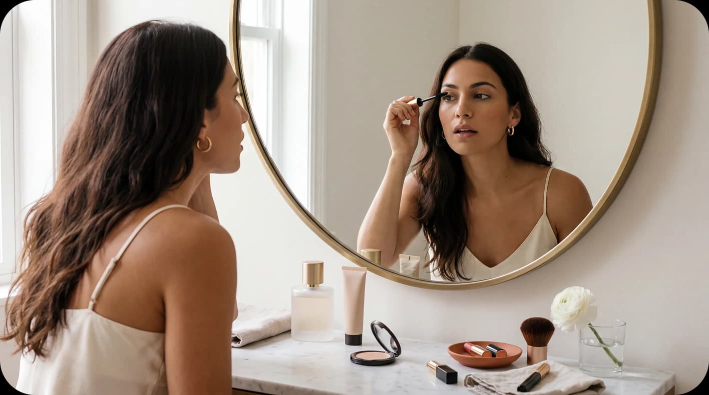 A woman applying makeup at a sunlit vanity mirror — the prestige beauty ritual Sephora brings into its app experience.