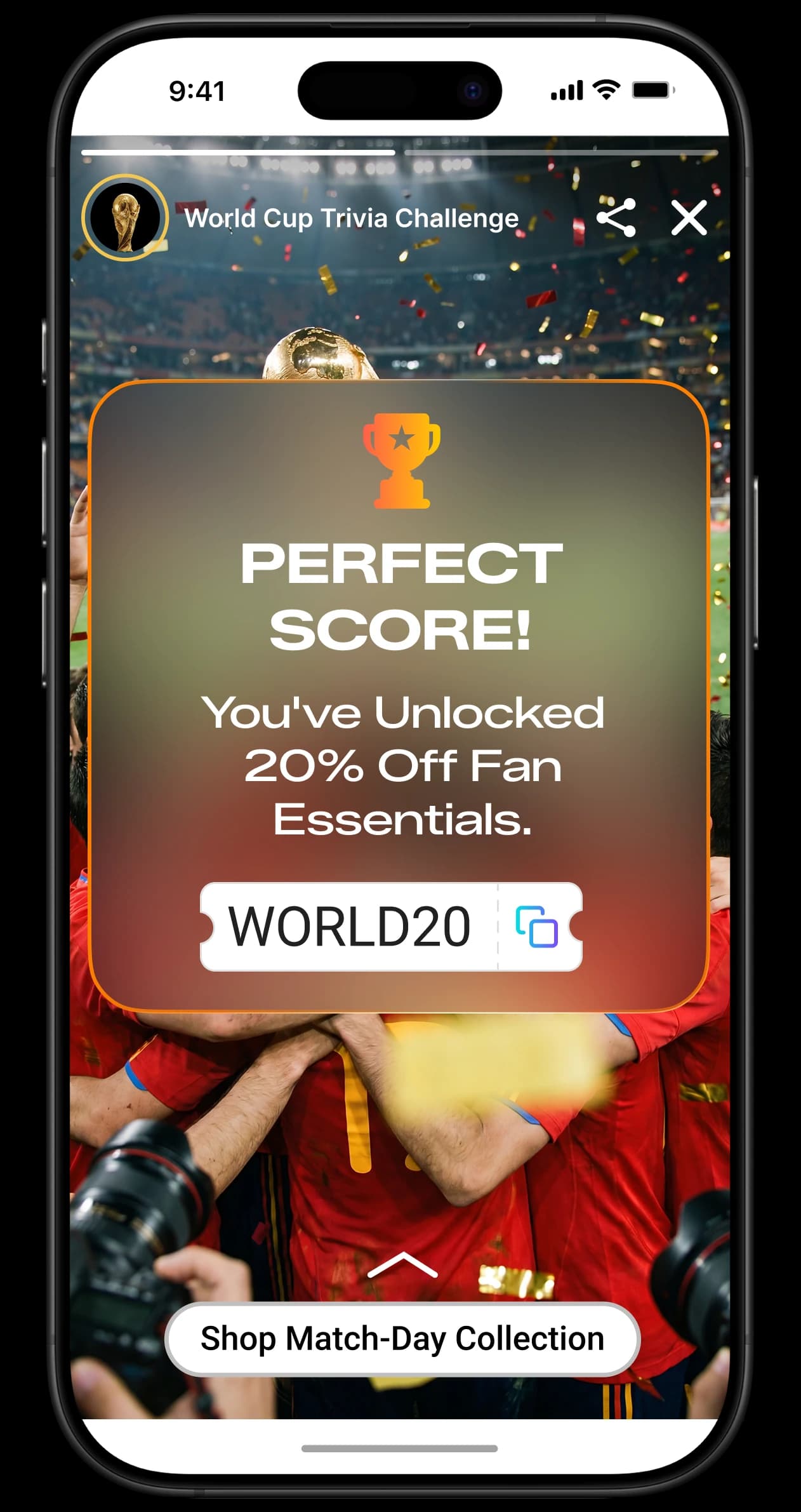 World Cup Trivia Challenge reward screen revealing a shoppable discount code