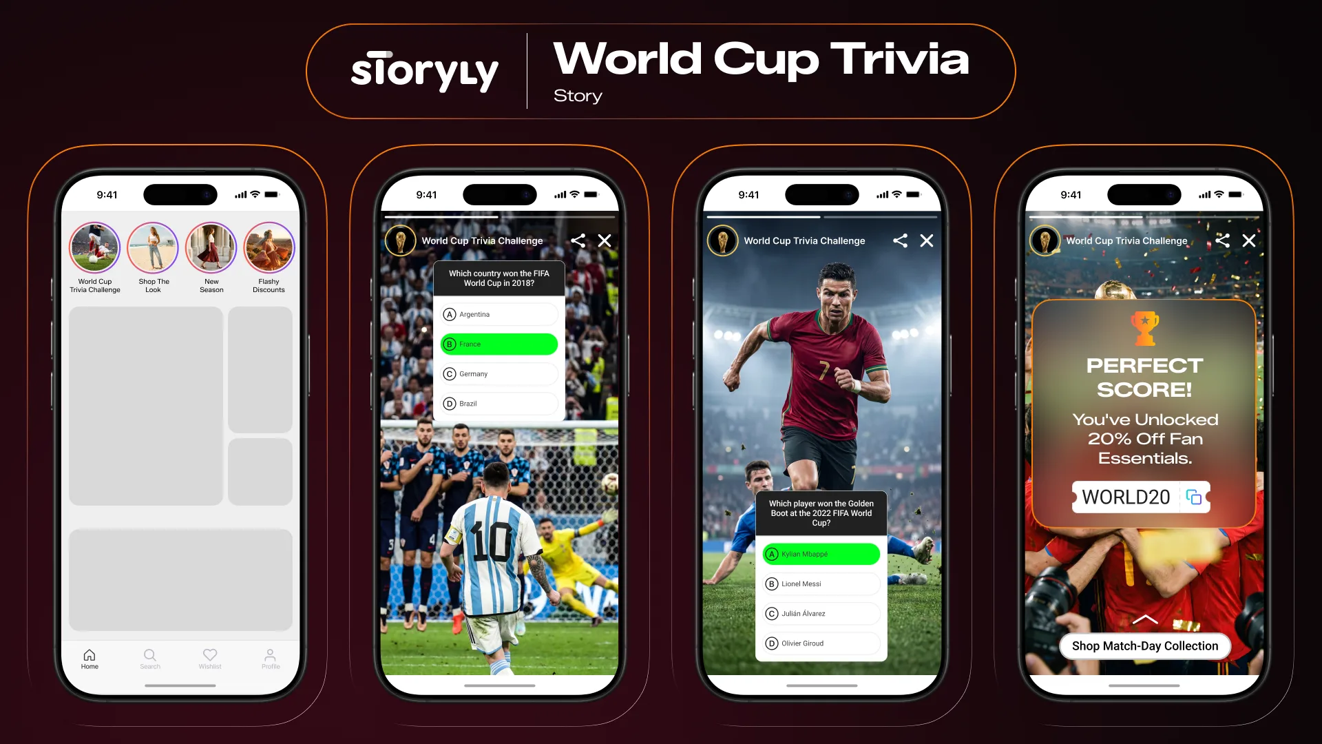 Storyly World Cup Trivia Challenge flow shown across four app screens: a Story Bar leading into a quiz that rewards a winning score with a shoppable offer.