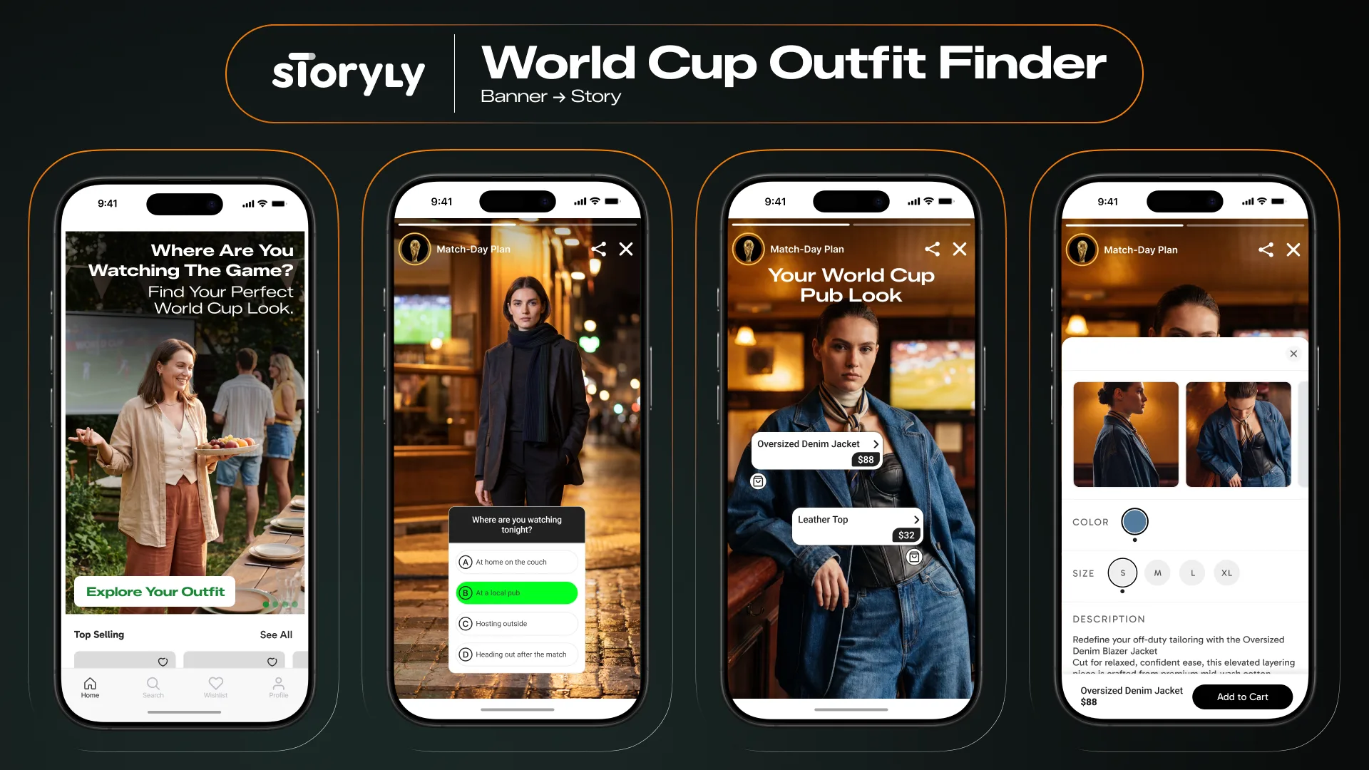 Storyly World Cup Outfit Finder flow shown across app screens: a Banner leading into a branching Story of shoppable, occasion-styled looks.