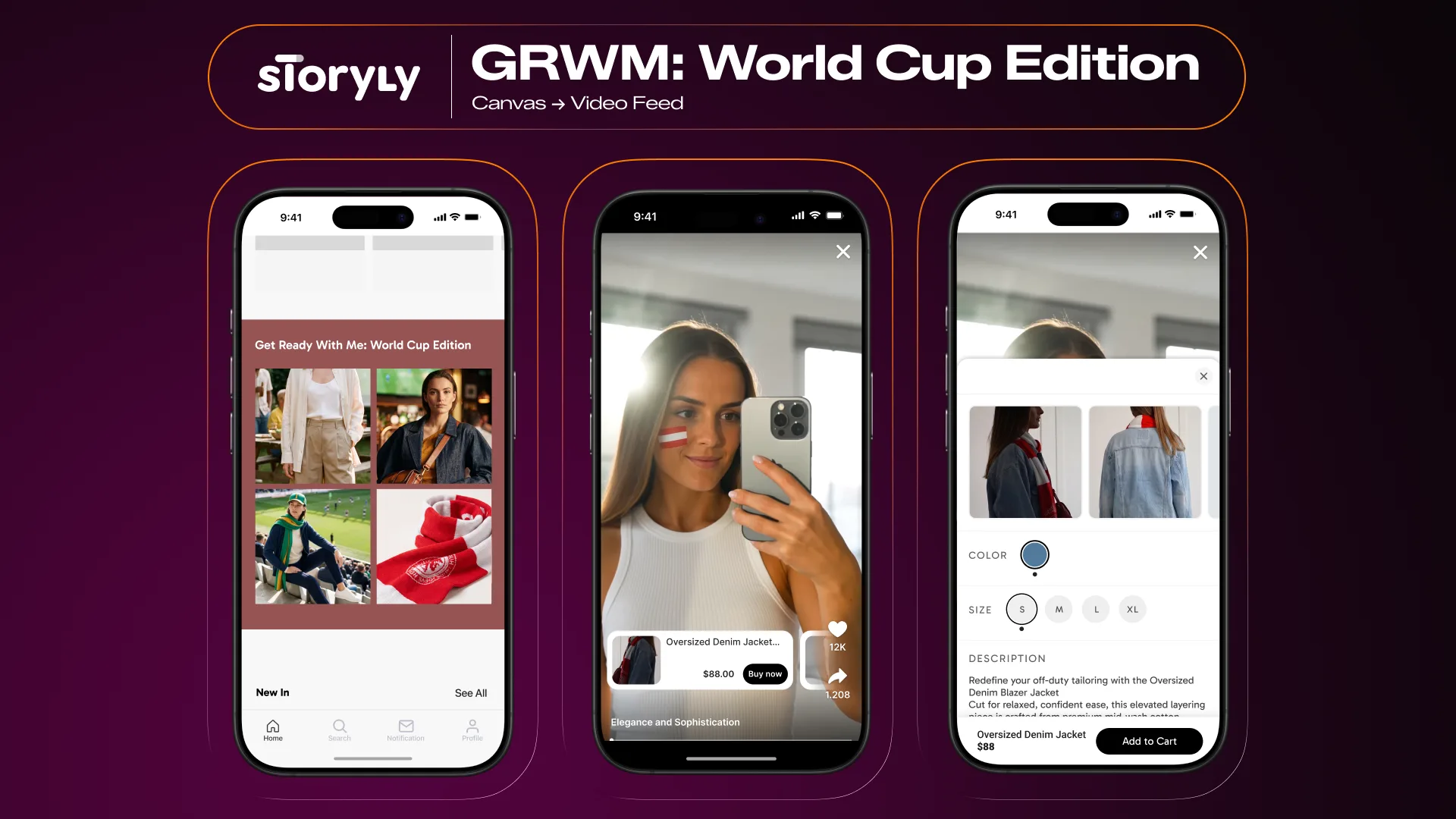 Storyly GRWM World Cup Edition flow shown across app screens: a Canvas leading into a creator video feed with shop-the-look checkout.